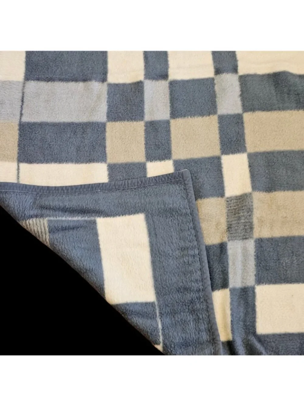 VTG Reversible Blanket Plush Dralon Germany Blue White Checkered Geometric 60x80